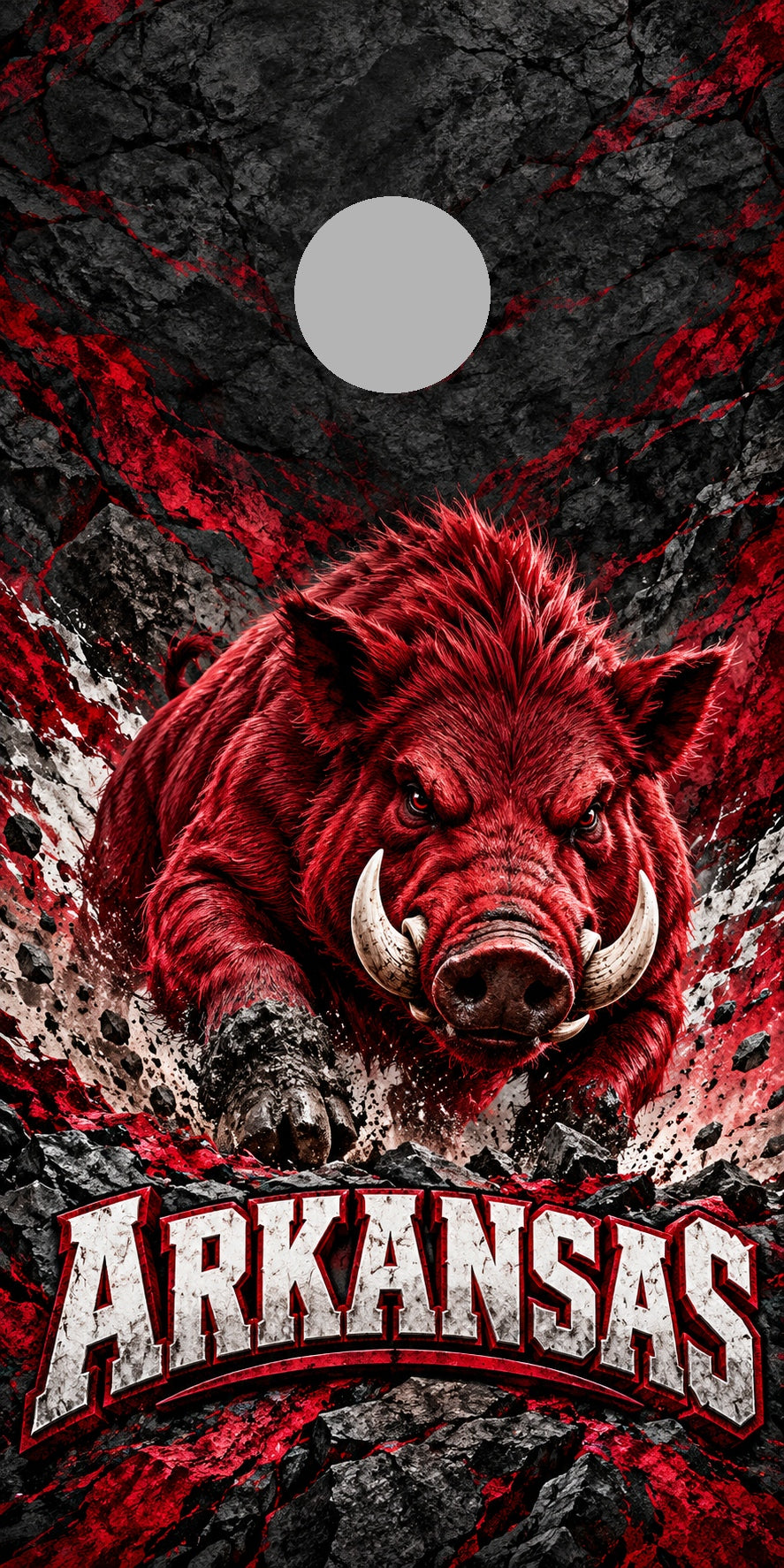 Arkansas Razorback Charge cornhole wrap with plain gray hole placement preview