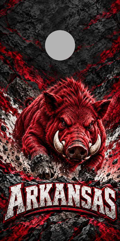 Arkansas Razorback Charge cornhole wrap with plain gray hole placement preview