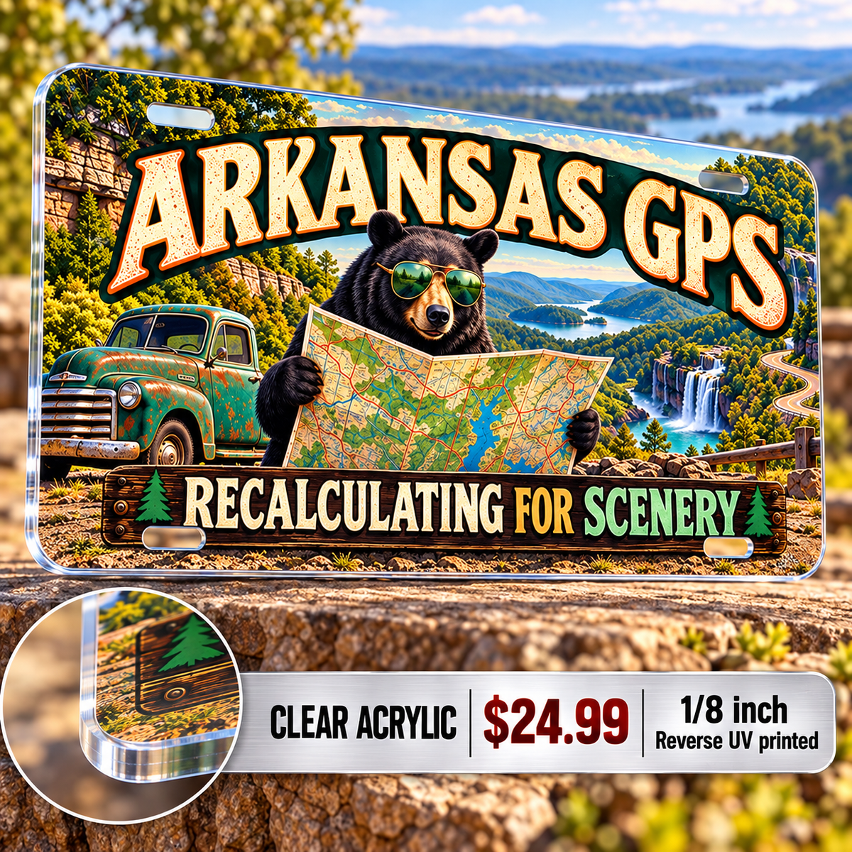 Arkansas Scenic Detour funny license plate — ⅛-inch reverse UV printed acrylic with opaque artwork