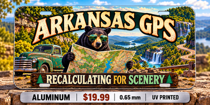 Arkansas Scenic Detour funny license plate — 0.65 mm UV printed aluminum