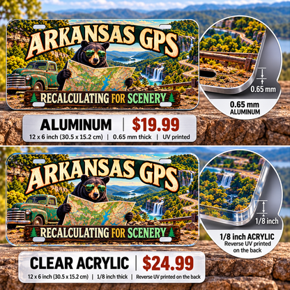 Arkansas Scenic Detour funny license plate — 0.65 mm aluminum and ⅛-inch acrylic edge detail