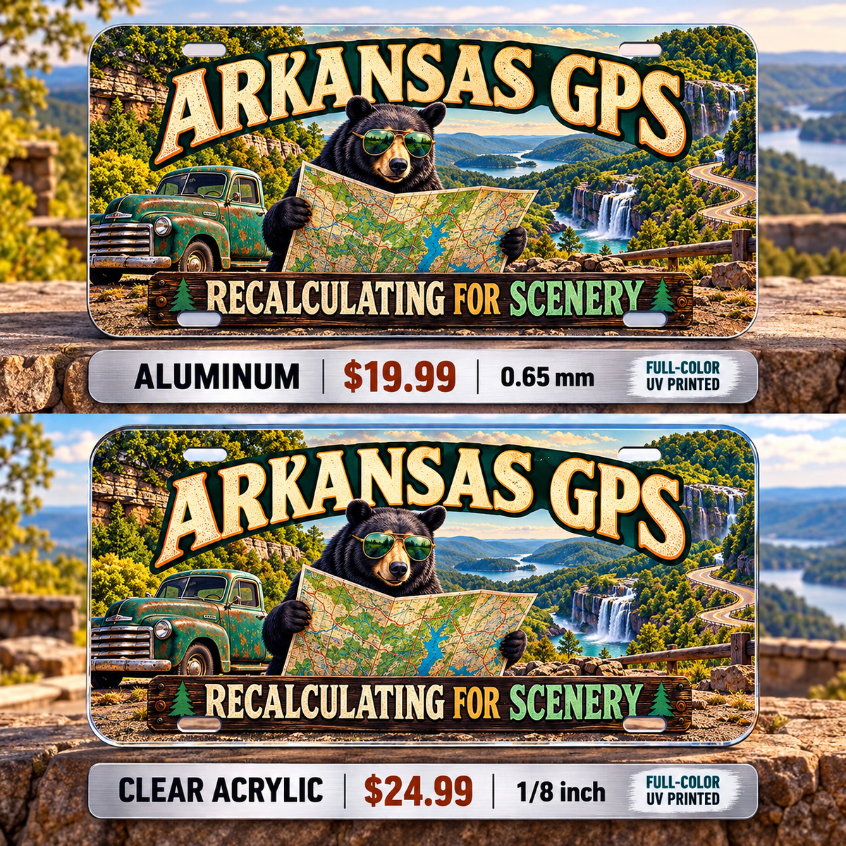 Arkansas Scenic Detour funny license plate — aluminum $19.99 and clear acrylic $24.99 comparison