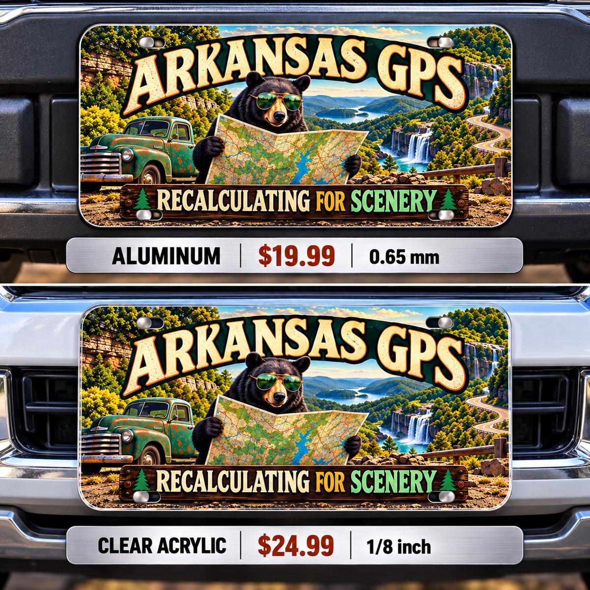 Arkansas Scenic Detour funny license plate — aluminum and acrylic vehicle mockups