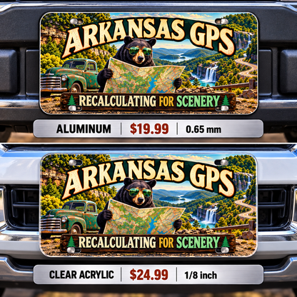 Arkansas Scenic Detour funny license plate — aluminum and acrylic vehicle mockups