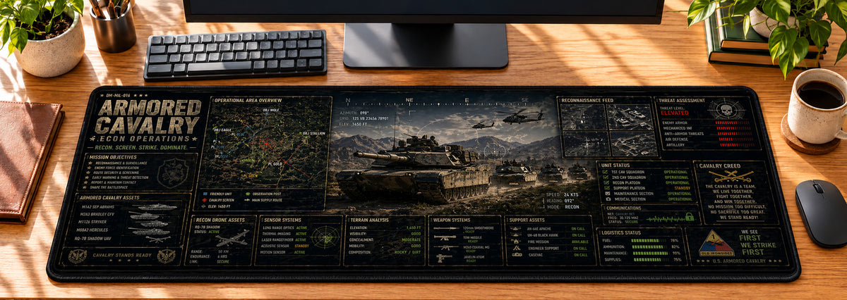 Armored Cavalry Recon Desk Mat in use on a warm wood office desk — overhead workspace view