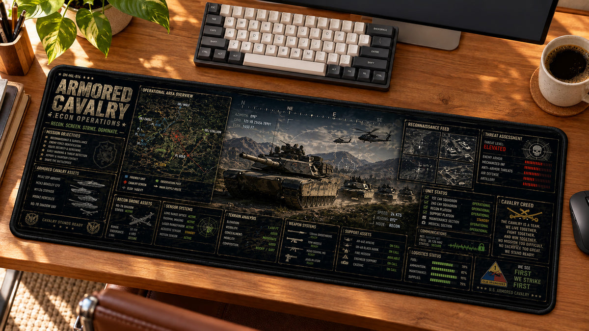 Armored Cavalry Recon Desk Mat in use on a warm wood office desk — angled workspace view