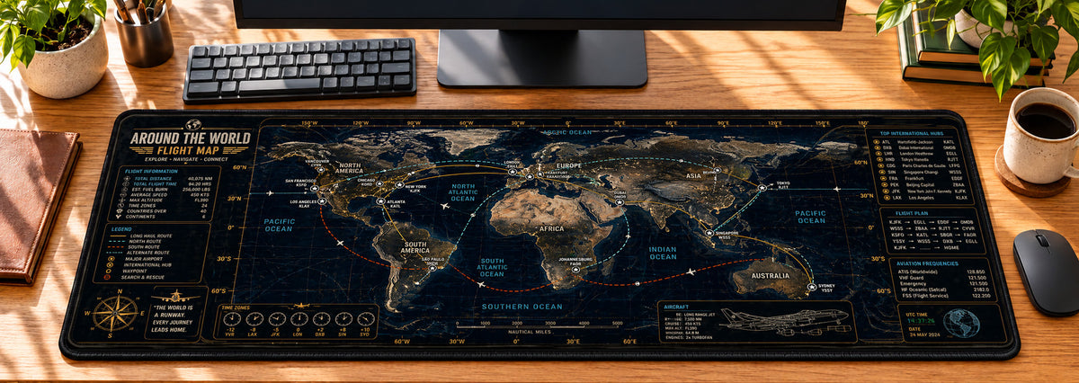 Around the World Flight Map Desk Mat in use on a warm wood office desk — overhead workspace view