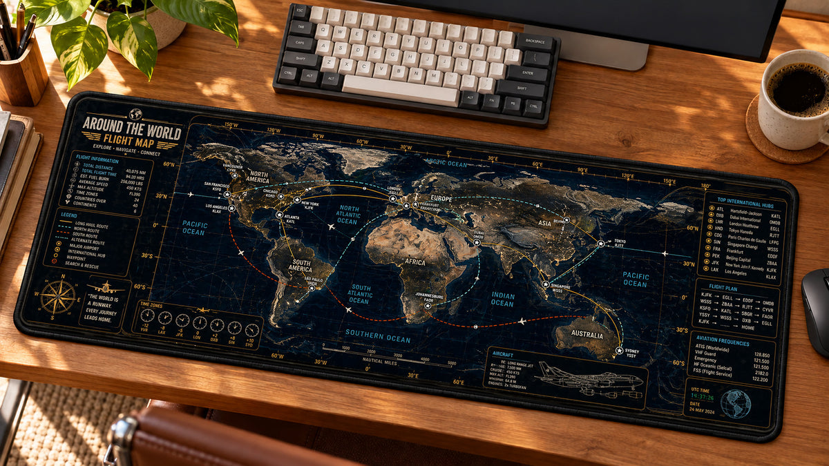 Around the World Flight Map Desk Mat in use on a warm wood office desk — angled workspace view
