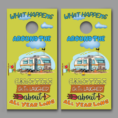What Happens Around the Campfire Corn hole Decal Wraps