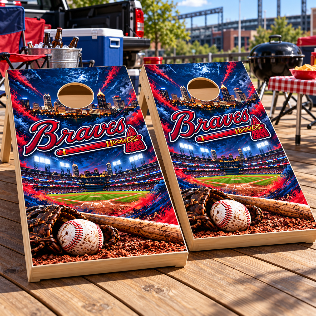 Atlanta Braves cornhole wraps shown on two boards on a patio