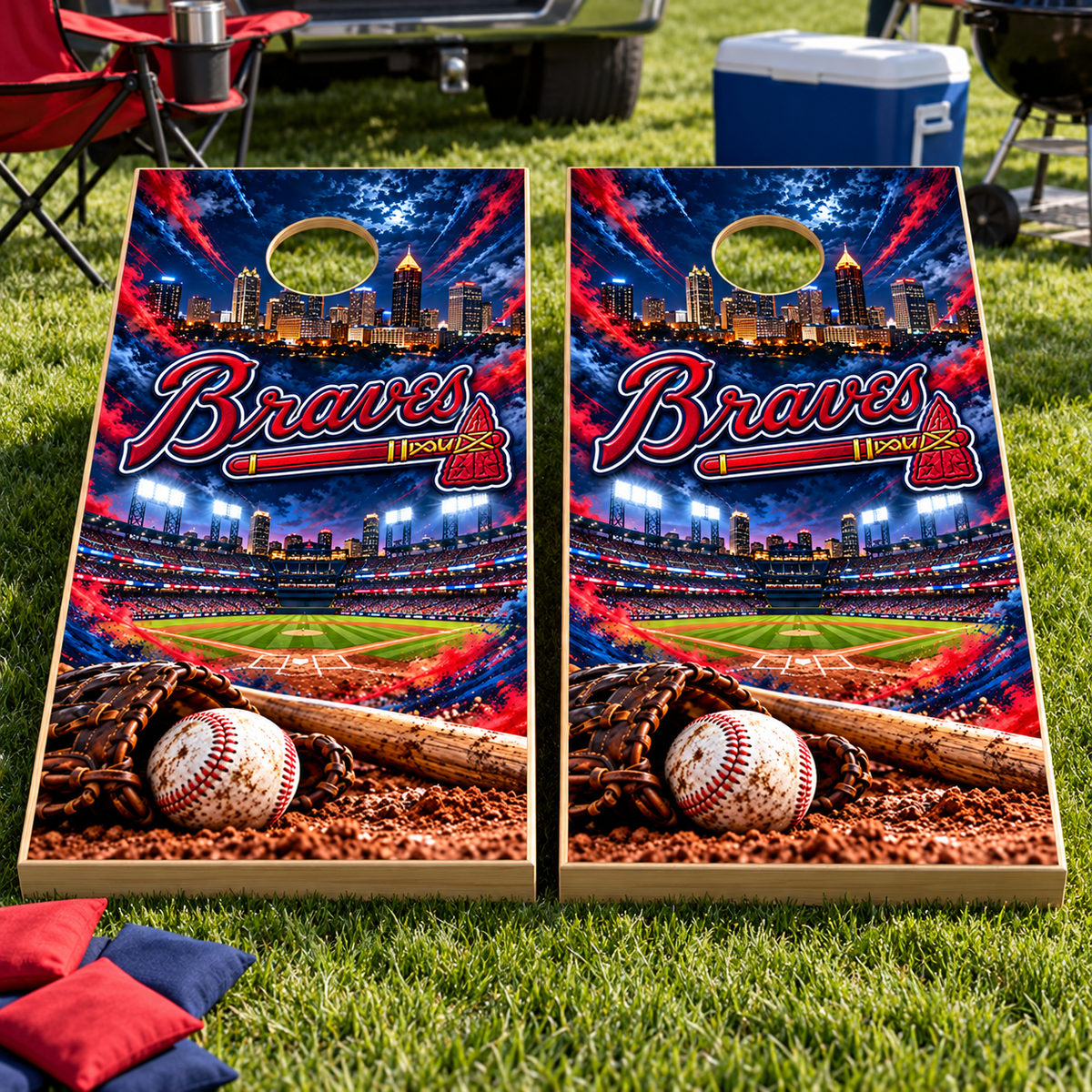 Atlanta Braves cornhole wraps shown on two boards at a tailgate