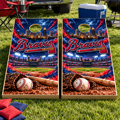 Atlanta Braves cornhole wraps shown on two boards at a tailgate