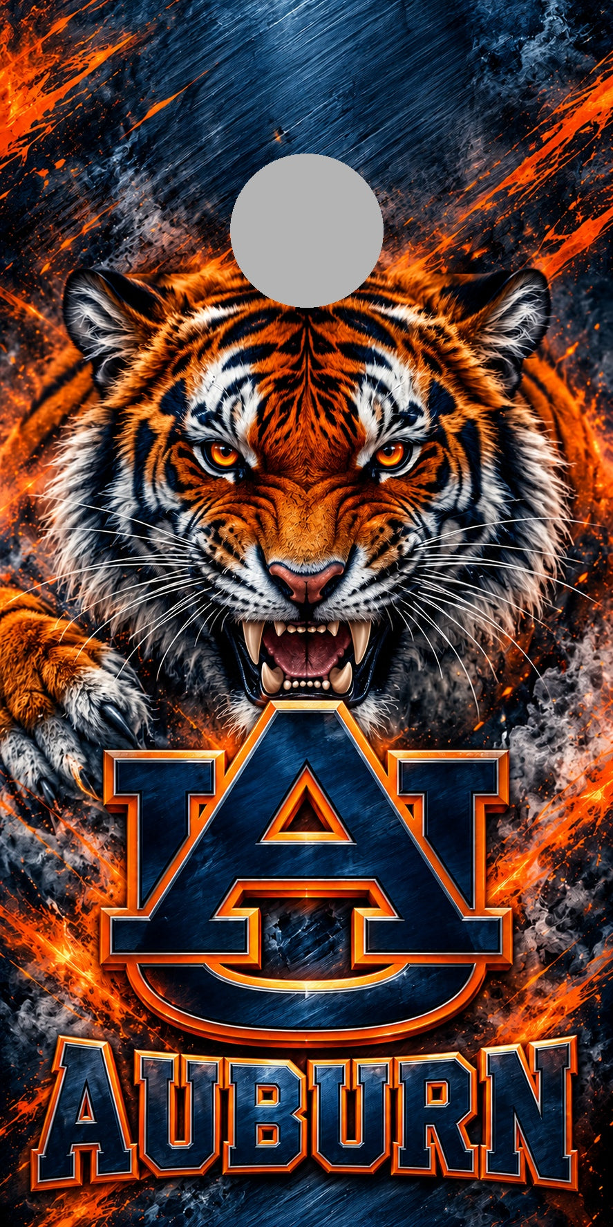 Auburn Tiger Steel cornhole wrap with plain gray hole placement preview
