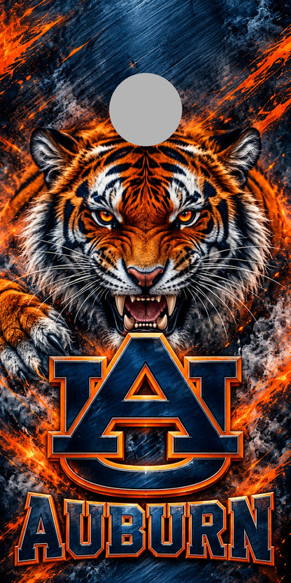 Auburn Tiger Steel cornhole wrap with plain gray hole placement preview