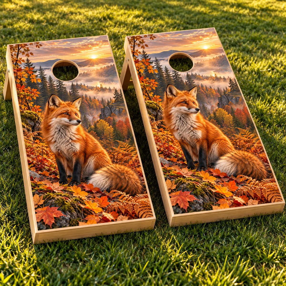 Autumn Fox installed cornhole board mockup; boards not included