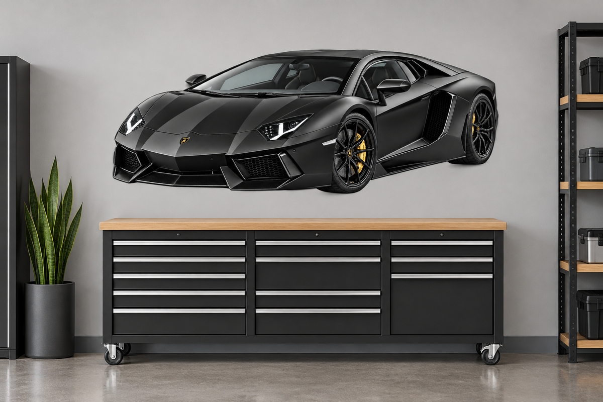 Satin Black Lamborghini Aventador garage wall decal preview