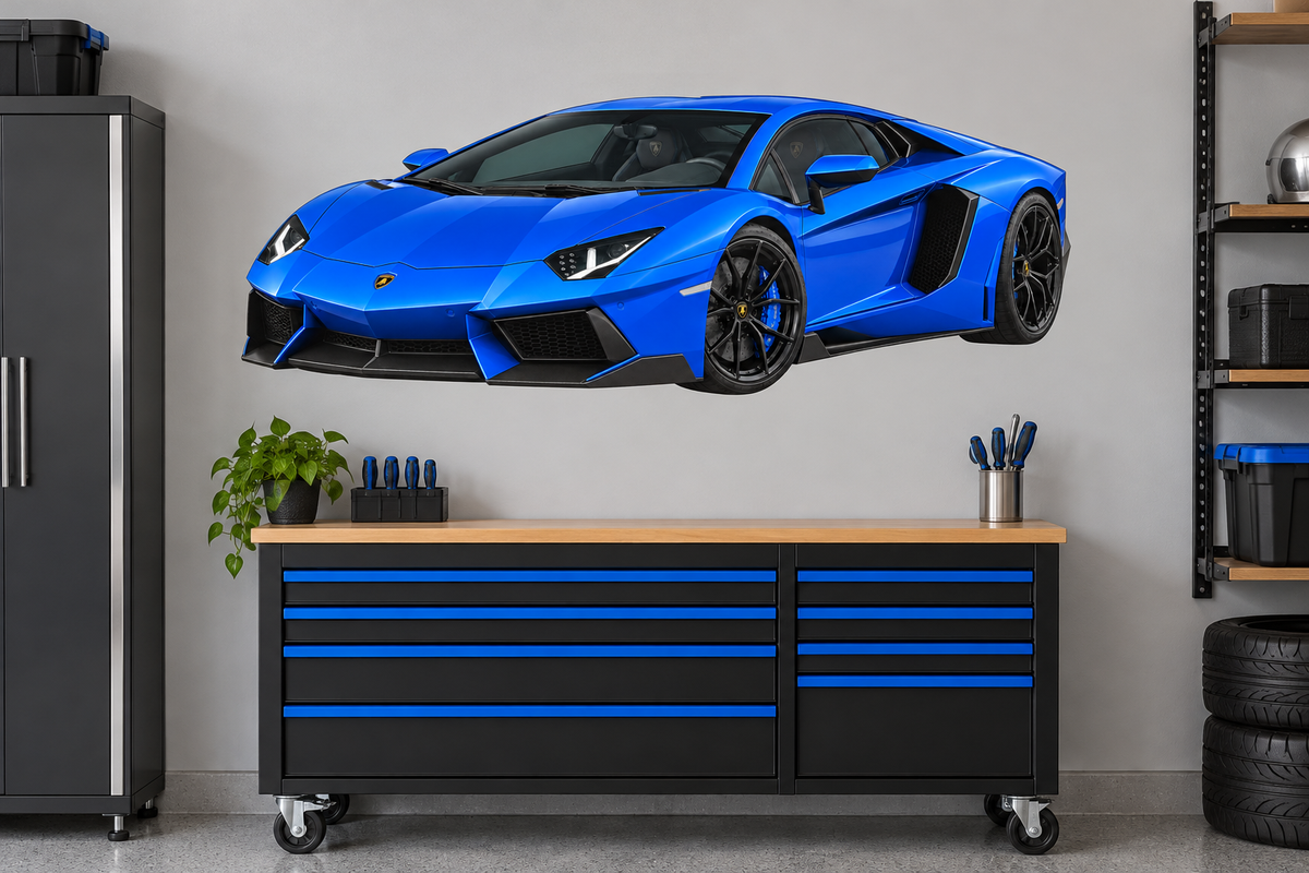 Electric Blue Lamborghini Aventador garage wall decal preview