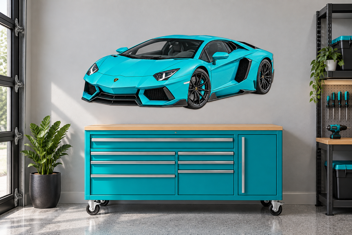 Turquoise Lamborghini Aventador garage wall decal preview