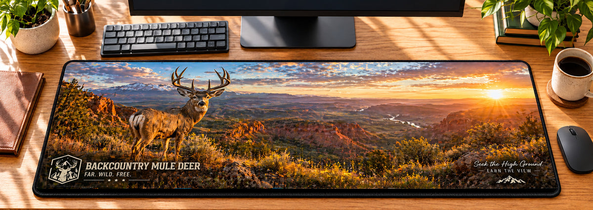 Backcountry Mule Deer Vista Desk Mat in use on a warm wood office desk — overhead workspace view