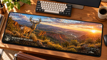 Backcountry Mule Deer Vista Desk Mat in use on a warm wood office desk — angled workspace view
