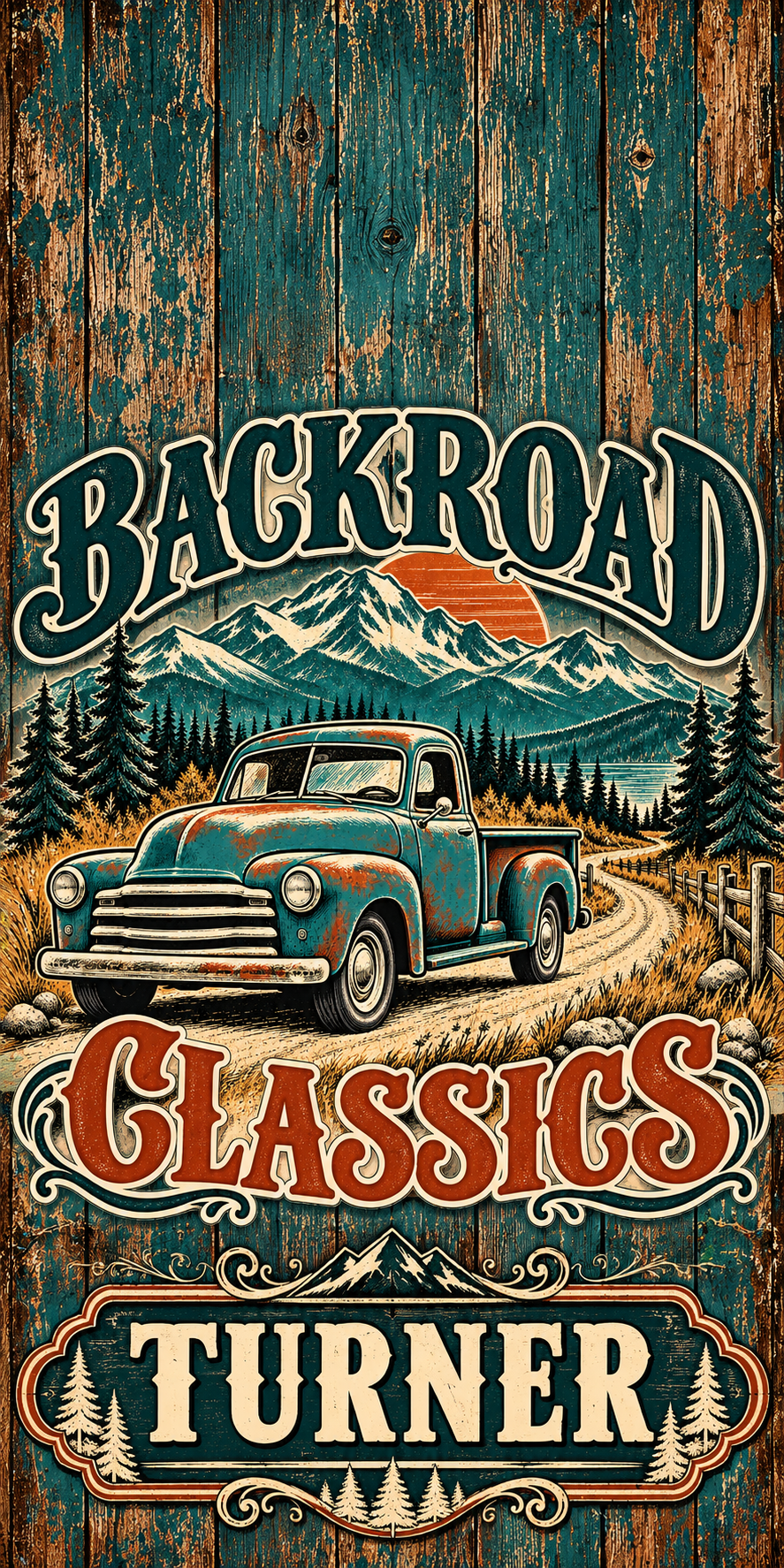 Backroad Classics Personalized Cornhole Board Wraps — flat artwork with no hole; example name TURNER
