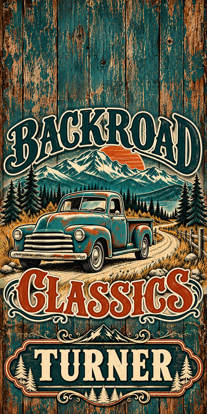 Backroad Classics Personalized Cornhole Board Wraps — flat artwork with no hole; example name TURNER