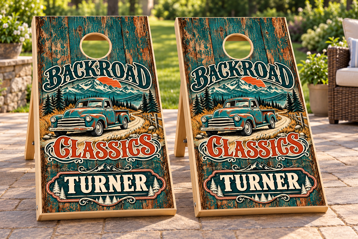 Backroad Classics Personalized Cornhole Board Wraps — matching boards mockup; boards not included
