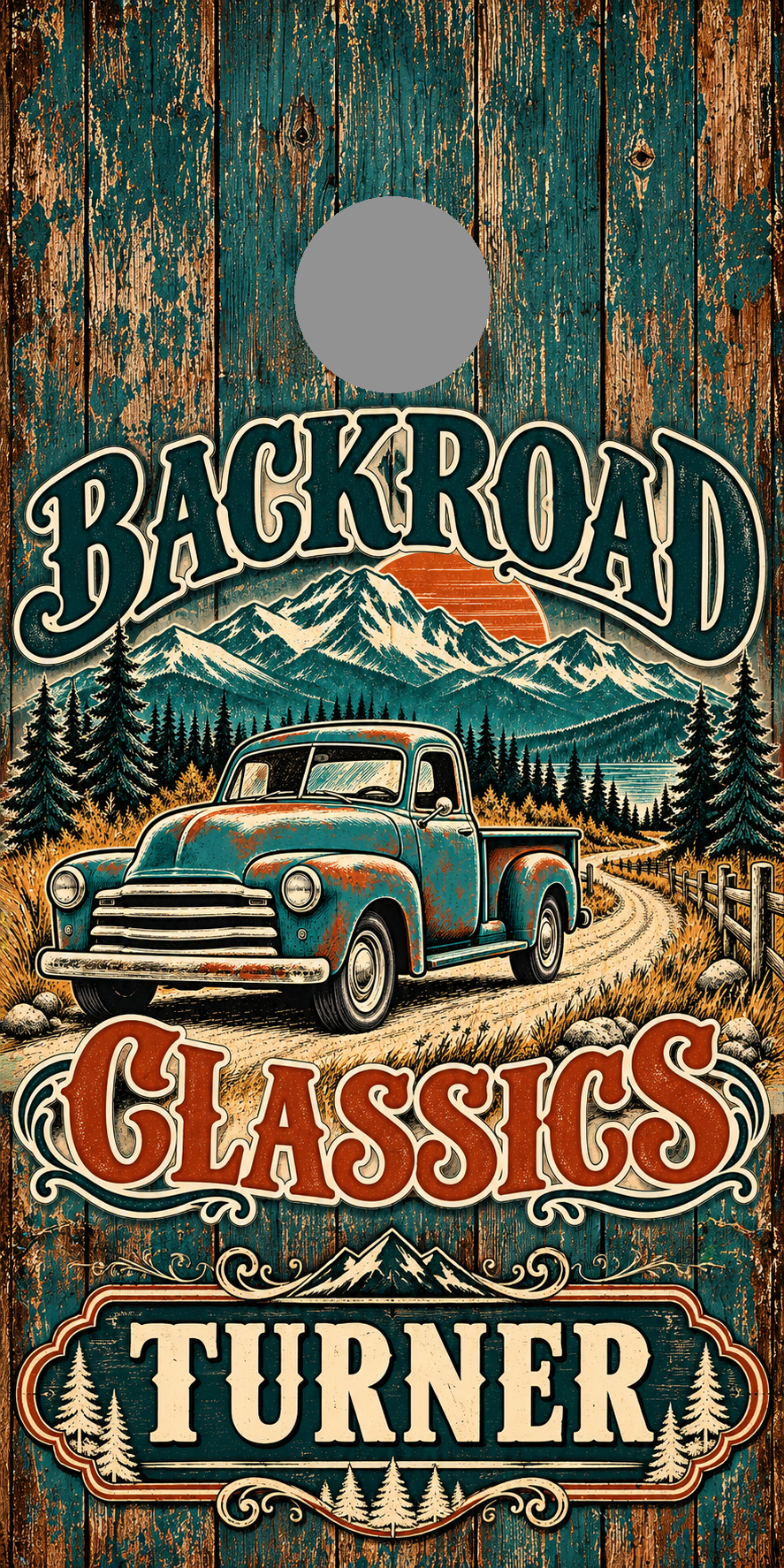 Backroad Classics Personalized Cornhole Board Wraps — gray hole-position proof marker; not printed