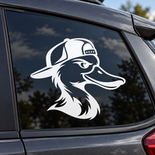 White backward cap duck decal on tinted rear side vehicle window