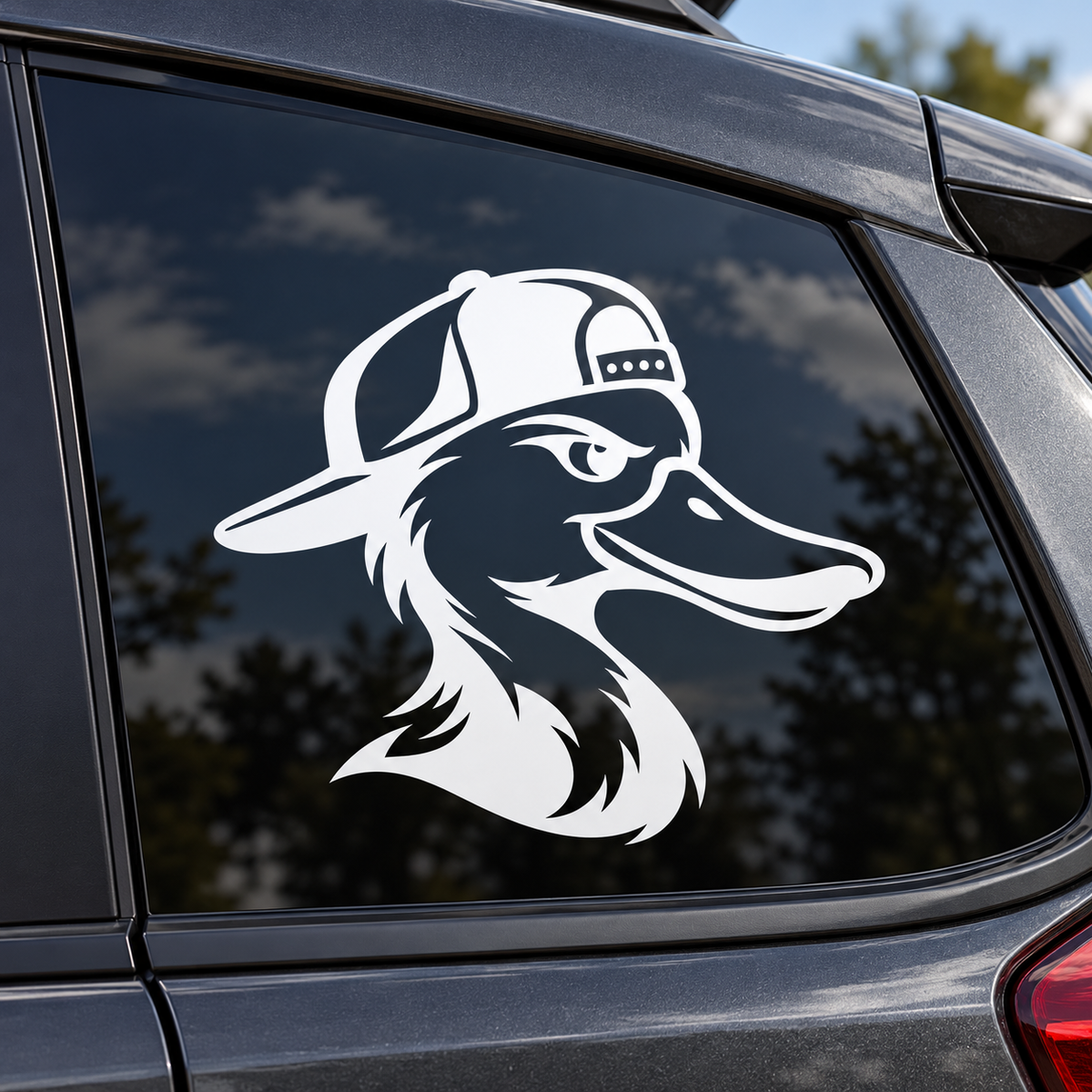 White backward cap duck decal on tinted rear side vehicle window