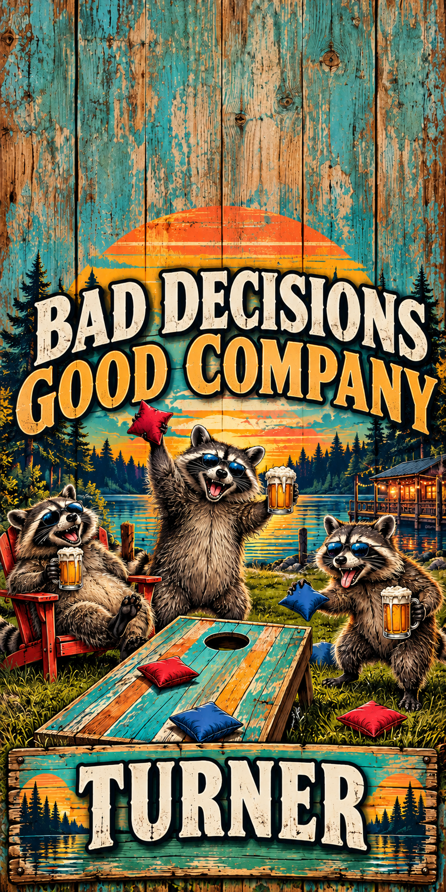 Bad Decisions Good Company — flat no-hole artwork; sample name TURNER