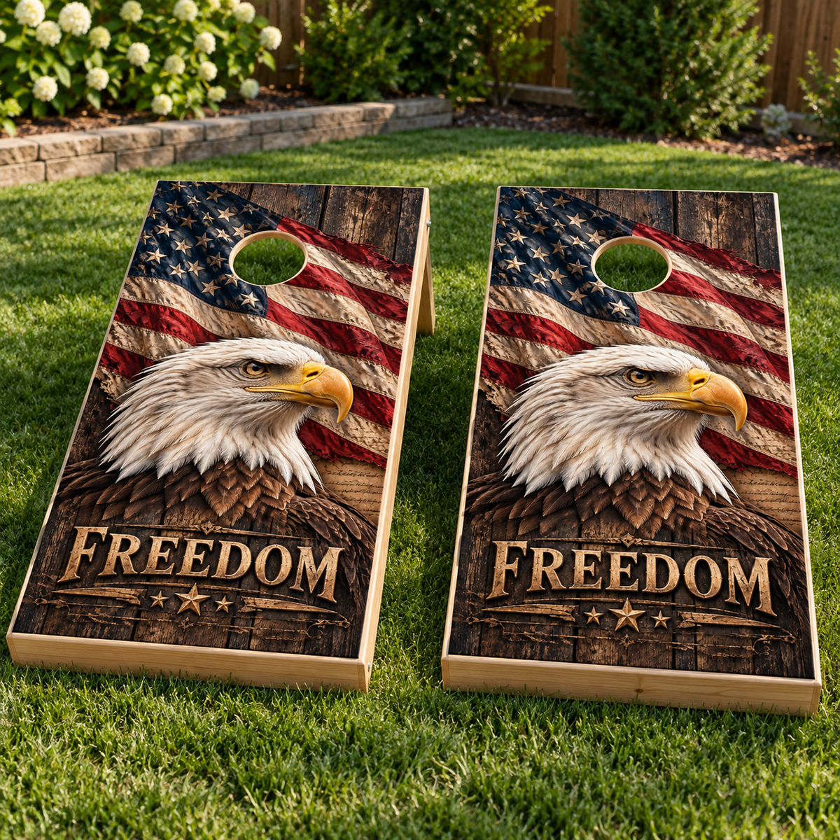 Bald Eagle Freedom Cornhole Board Wraps installed on two boards; boards not included