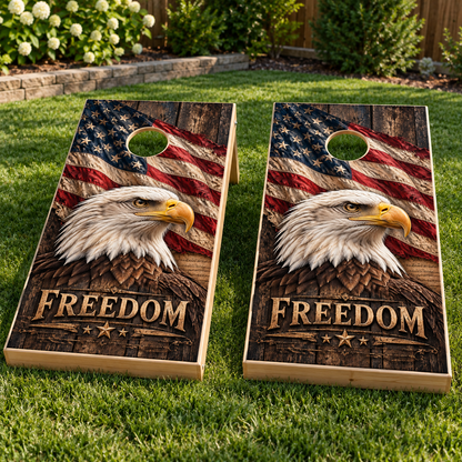 Bald Eagle Freedom Cornhole Board Wraps installed on two boards; boards not included