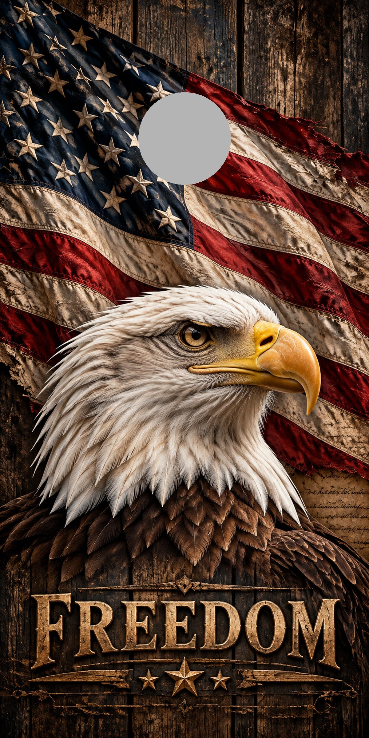 Bald Eagle Freedom Cornhole Board Wraps proof with regulation gray hole-position marker