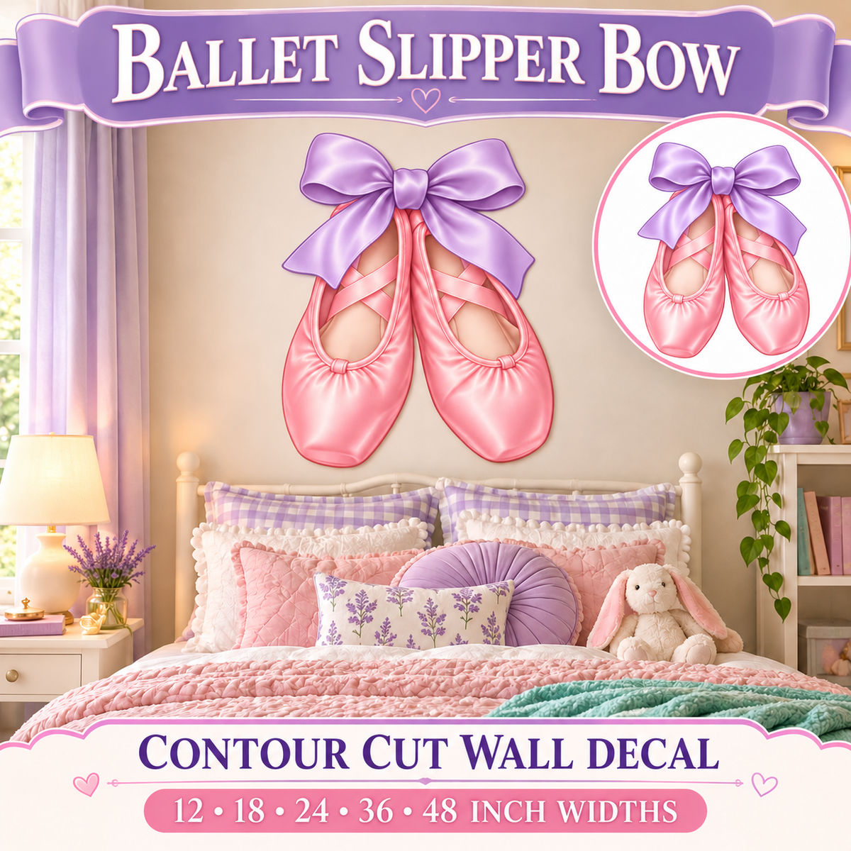 Ballet Slipper Bow – Girls Room Wall Decal summary and bedroom mockup – 12 to 48 inch widths