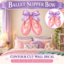 Ballet Slipper Bow – Girls Room Wall Decal summary and bedroom mockup – 12 to 48 inch widths