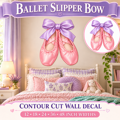 Ballet Slipper Bow – Girls Room Wall Decal summary and bedroom mockup – 12 to 48 inch widths