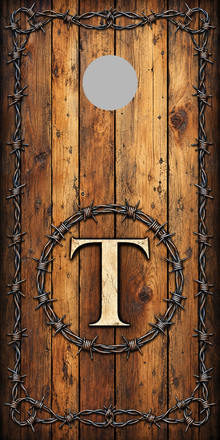 Personalized aged wood barbed wire monogram wrap with 6-inch hole-position marker; gray circle is not printed