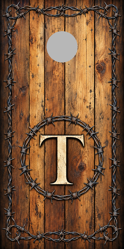 Personalized aged wood barbed wire monogram wrap with 6-inch hole-position marker; gray circle is not printed