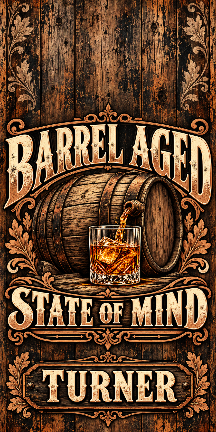 Barrel Aged State of Mind Personalized Cornhole Board Wraps — flat artwork with no hole; example name TURNER