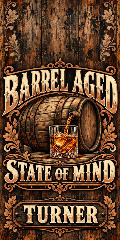 Barrel Aged State of Mind Personalized Cornhole Board Wraps — flat artwork with no hole; example name TURNER
