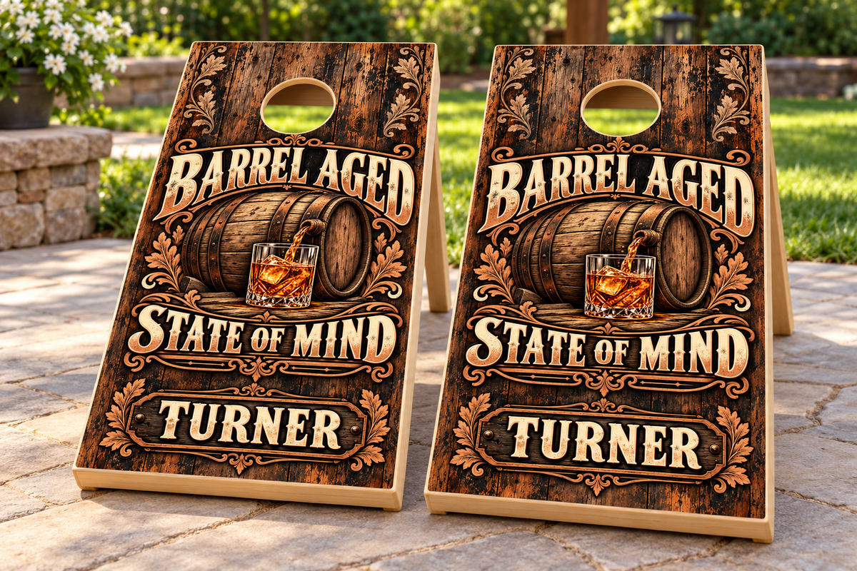 Barrel Aged State of Mind Personalized Cornhole Board Wraps — matching boards mockup; boards not included