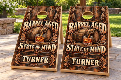 Barrel Aged State of Mind Personalized Cornhole Board Wraps — matching boards mockup; boards not included