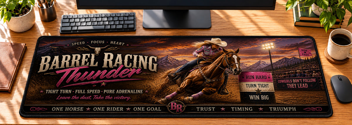 Barrel Racing Thunder Desk Mat in use on a warm wood office desk — overhead workspace view