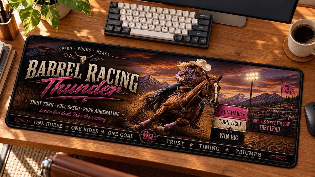 Barrel Racing Thunder Desk Mat in use on a warm wood office desk — angled workspace view