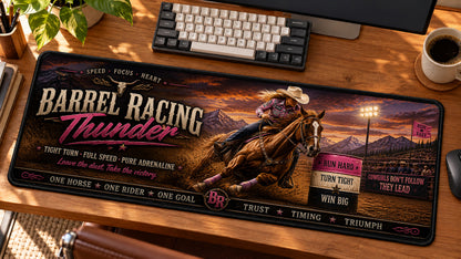 Barrel Racing Thunder Desk Mat in use on a warm wood office desk — angled workspace view