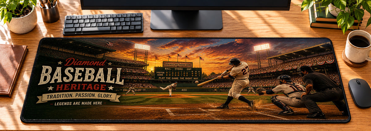 Baseball Diamond Heritage Desk Mat in use on a warm wood office desk — overhead workspace view