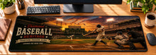 Baseball Diamond Heritage Desk Mat in use on a warm wood office desk — overhead workspace view