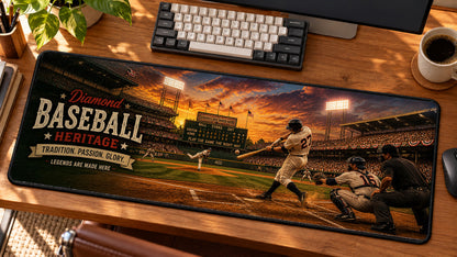 Baseball Diamond Heritage Desk Mat in use on a warm wood office desk — angled workspace view