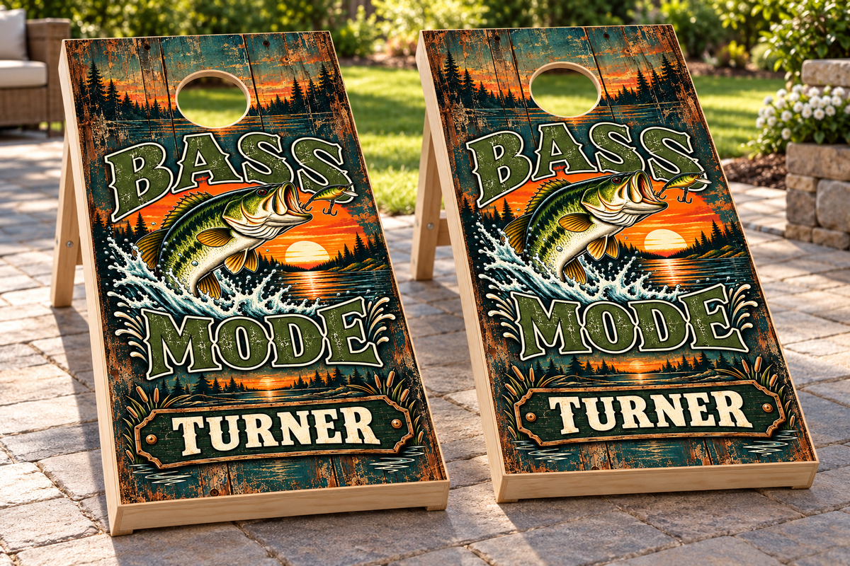 Bass Mode Personalized Cornhole Board Wraps — matching boards mockup; boards not included